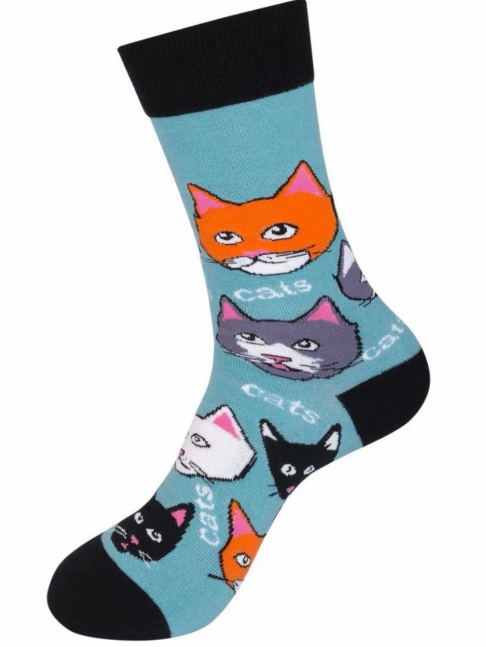 Funatic Playful Cats Crew Socks in Light Blue with Multicolor Cat Faces